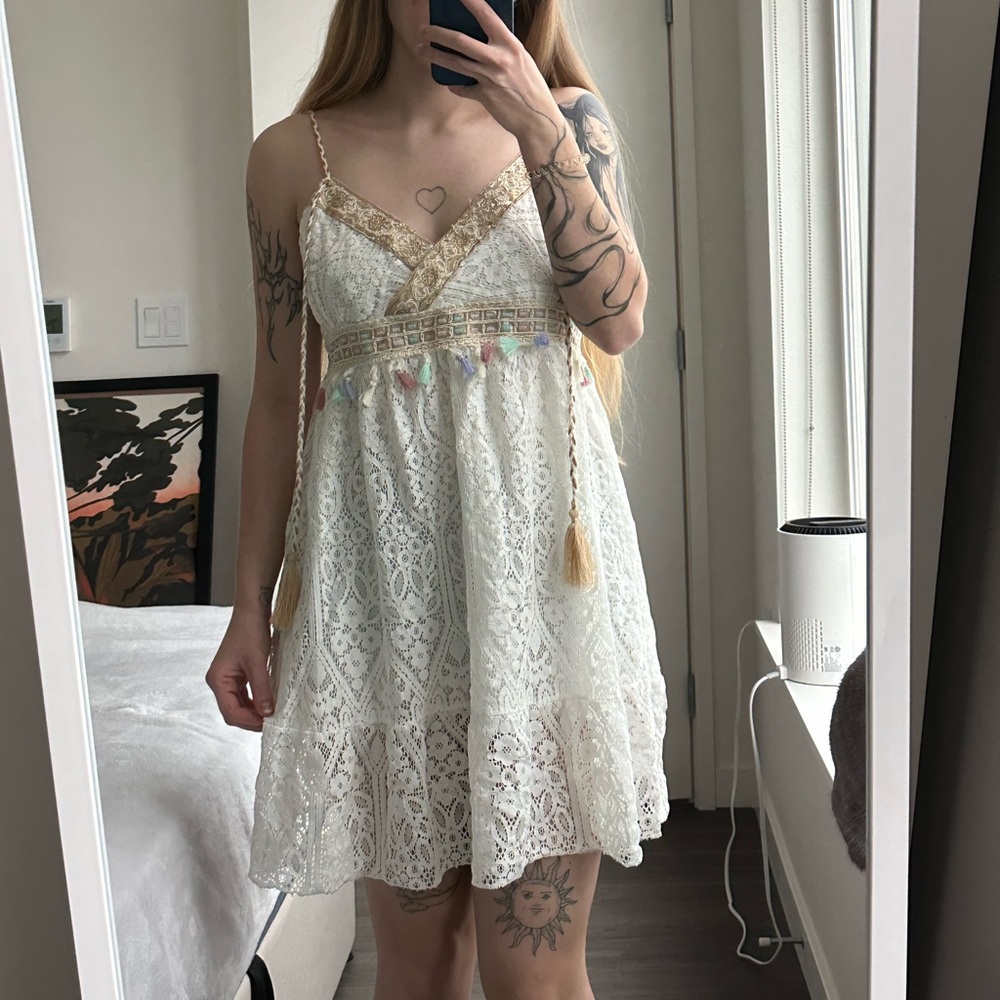 Elegant White Lace Mini Dress with Tassel Accents Vintage Made in Italy